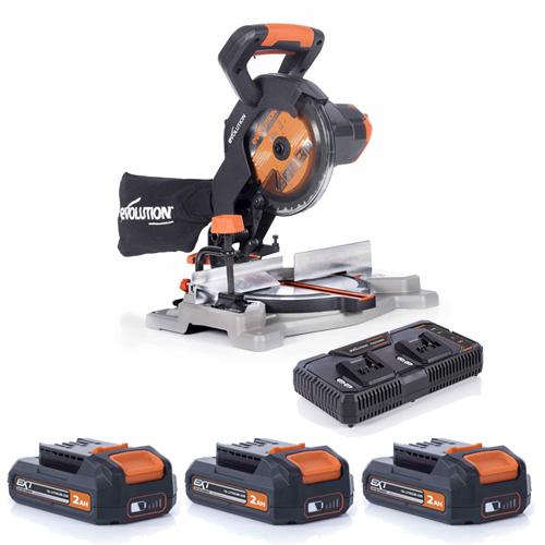 Pokosová AKU stolová píla EVOLUTION R185CMS-Li s 3x 2Ah batériami a 2-portovou nabíjačkou ZADARMO