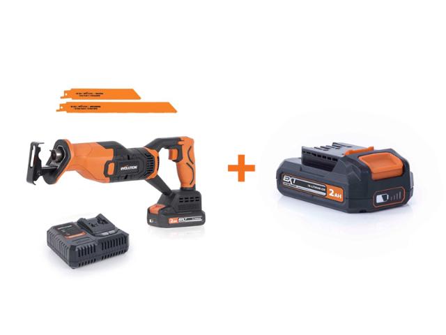 Chvostová AKU píla EVOLUTION R150RCP-Li s 2Ah batériou a nabíjačkou a ďalšou 2,0Ah batériou EVOLUTION ZADARMO